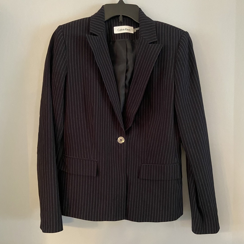 Calvin Klein Womens Jacket White Size 4 One-Button Stretch Black White Striped‎